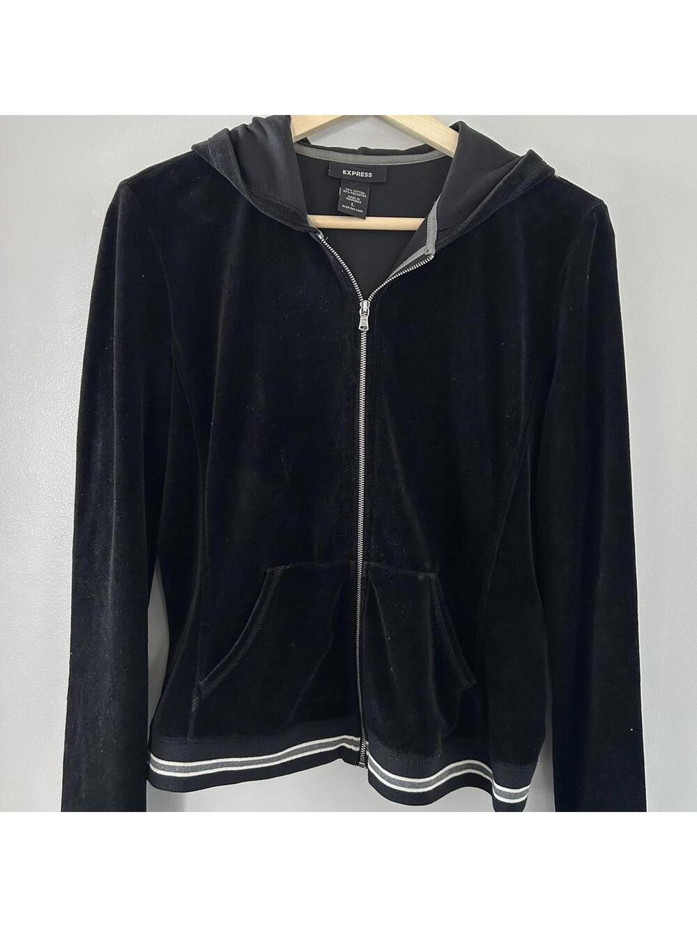 Black velvet zip up hoodie with white stripes